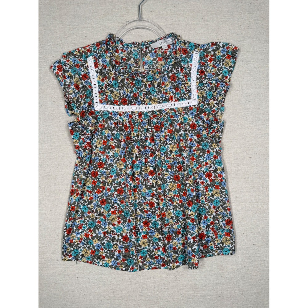 LOFT Floral Ruffle Neck Cap Sleeve Blouse Eyelet Lace Trim XS Multi-Color